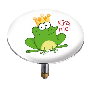 Bonde de baignoire Wenko Froggy avec grenouille et couronne sur fond blanc.