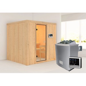 Sauna Woodfeeling Tromsö con stufa e porta in vetro, legno massello, incl. centralina.