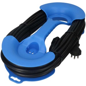Rallonge TD noire 20 m avec enrouleur de câble bleu pour enrouler et transporter.