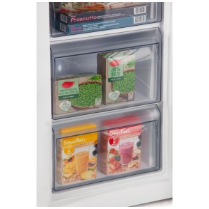 Congelatore Domo DO1072DV: congelatore bianco con cassetti trasparenti e alimenti.