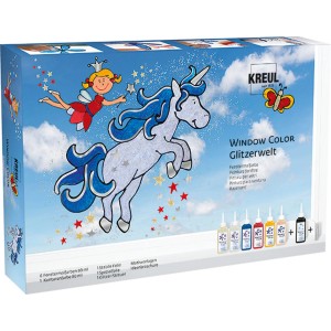 WindowColor Set Glitzerwelt: Farben, Folien und Glitzer für Fensterbilder mit Einhorn und Fee.