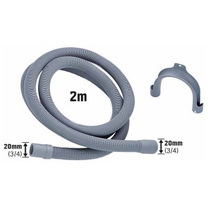 Tuyau de vidange gris de 2 m pour lave-linge/lave-vaisselle avec raccords de 20 mm et support.