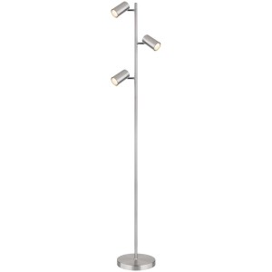 Moderna lampada da terra a LED in nichel opaco con tre faretti GU10 per un'illuminazione flessibile.