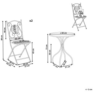 Set bistro Beliani Cariati, metallo nero, con dimensioni di tavolo e sedie.