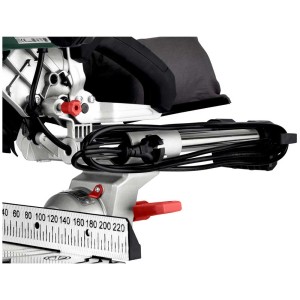 Dettaglio: Sega troncatrice Metabo KGS 216 M, sega da tavolo con scala di misura e avvolgicavo.