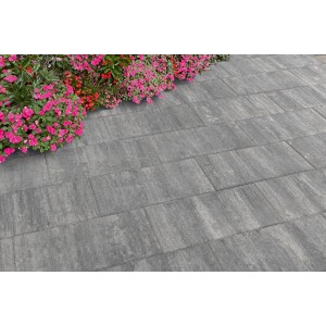 Piastre per terrazza Diephaus Corso Graphite, 50x25 cm, posate come vialetto da giardino con aiuola.