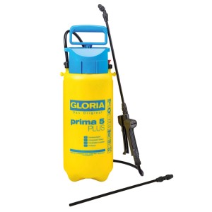 Pulvérisateur à pression jaune Gloria Prima 5 Plus avec lance et couvercle bleu.