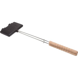 Piastra per waffle Petromax in ghisa con manici in legno, ideale per grill e falò.