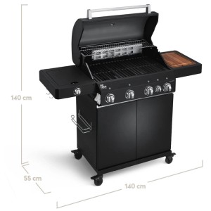 Burnhard Big Fred Deluxe Gasgrill, 4-Brenner, Black Edition, mit Seitenablagen und Unterwagen.
