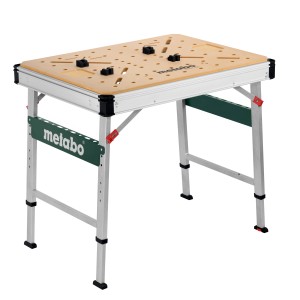Table multifonction Metabo MWB 100 : Établi avec plateau perforé et mécanisme pliant.