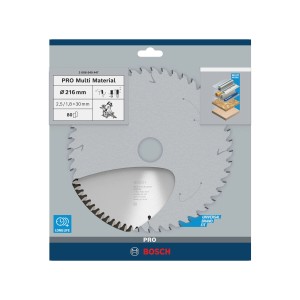 Lama per sega circolare Bosch Multi Material, 216 mm, 80 denti, per tagli precisi in vari materiali.