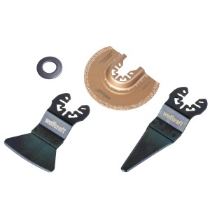 Jeu de scies vibrantes Wolfcraft, 3 pièces, pour réparations de joints avec lame de scie segmentée, grattoir et grattoir à doigt.