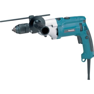 Trapano Makita HP2071FJ 1010 W, blu/argento, con mandrino e impugnatura ausiliaria.