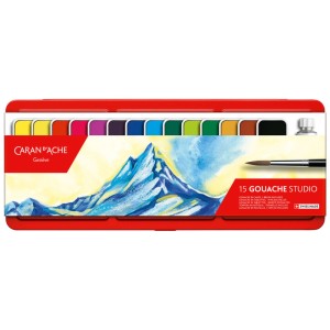 Caran d'Ache colori a tempera, 15 colori in set con pennello, per scuola e hobby.