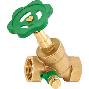 Robinet à siège incliné en laiton 30,3 mm (Rp 1) avec volant vert pour réguler le débit.