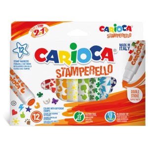Carioca Fasermaler Stamperello, 12 Stifte mit Stempelmotiven in verschiedenen Farben.