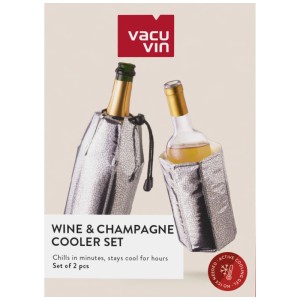 Set rafraîchisseur actif Vacu Vin, 2 manchons argentés pour vin et champagne, refroidissent vite sans glace.