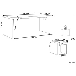Schéma : Mobilier de jardin Beliani Taranto, ensemble 7 pièces, béton gris, avec dimensions de la table et des tabourets.