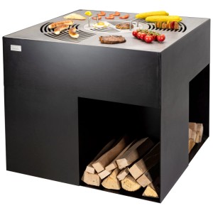 Brasero Nouvel Cubo Pro en acier noir avec grille et rangement pour le bois. Design carré.