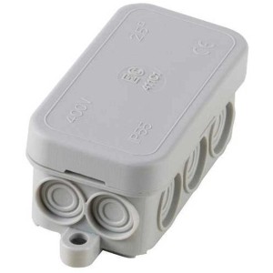 Graue Max Hauri Abzweigdose AP/IP55, 71x33x30mm, mit Kabeleinführungen.