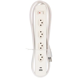 Weiße Steckdosenleiste mit 4 T13-Steckdosen, USB-A und USB-C Anschluss, 1,5m Kabel.