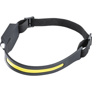 Lampe frontale LED noire avec bande lumineuse jaune, rechargeable, 400 lumens, pour la boutique en ligne OBI.