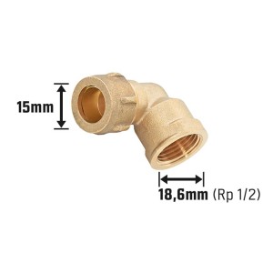 Raccordo a gomito a compressione in ottone, 15 mm x 18,6 mm (Rp 1/2), per raccordi di tubi in rame.