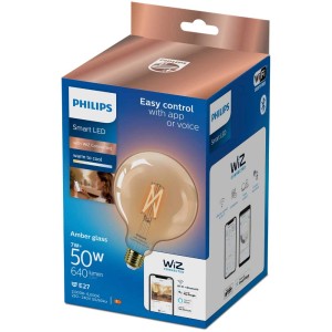 Confezione di Philips Smart-LED Globe Filament Amber E27, lampadina vintage dimmerabile.