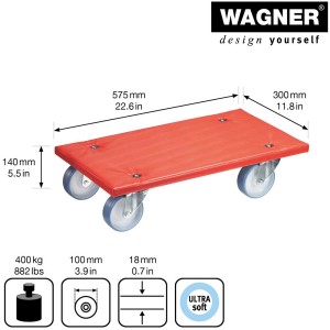Wagner MM 1396 chariot de transport, capacité 400 kg, plateau multiplex rouge avec 4 roues. Idéal pour déménagements et transports.