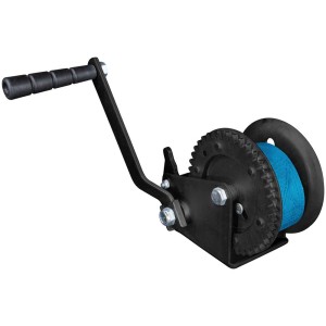 Treuil à sangle Güde GGHW 540/8, un treuil manuel noir pour le transport avec sangle bleue.