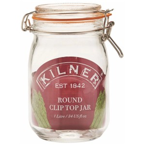 Barattolo Kilner, trasparente, rotondo, 1 litro, con chiusura a clip per la conservazione degli alimenti.