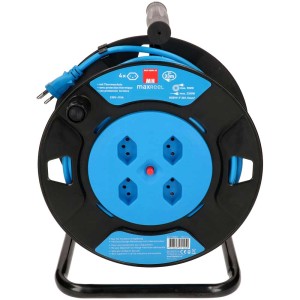 Enrouleur de câble bleu avec 4 prises de type 13 et 33 m de câble sur un cadre métallique noir.