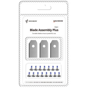 Kit de lames Navimow Blade Assembly Plus: 12 lames argentées trempées et vis bleues pour robots tondeuses.