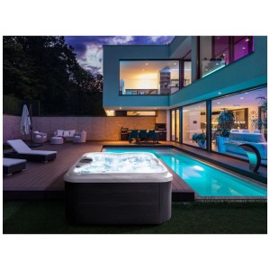 Jacuzzi extérieur Beliani Arcelia blanc avec lumière LED dans jardin moderne. Eau bouillonnante près de la piscine, 4 pers.