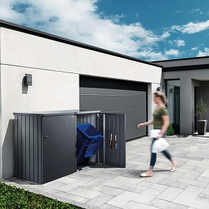 Biohort Alex box poubelle, variante 2 en gris quartz métallisé avec portes ouvertes et poubelle.