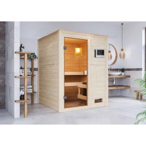 Sauna Woodfeeling Sandra con porta in vetro e stufa, legno massello per esperienze sauna rilassanti.
