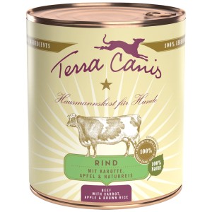Terra Canis Classic Manzo alimento umido per cani, lattina da 800g con manzo, carota, mela e riso integrale.