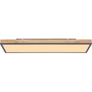 Plafonnier LED rectangulaire Doro (80 cm) avec cadre aspect chêne pour lumière blanc chaud.