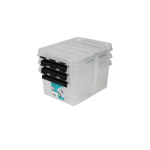 Set da 3 contenitori SmartStore Classic 10 in plastica trasparente con chiusure nere.