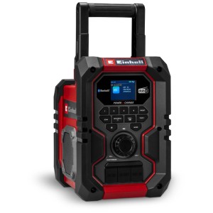 Radio a batteria Einhell TE-CR 18 Li DAB+/FM/BT, rosso-nero, con maniglia e display.