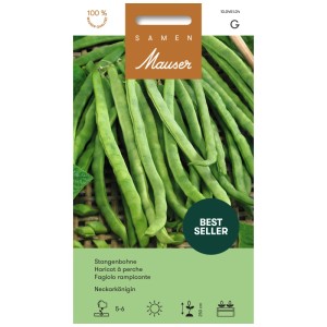 Graines Mauser Haricot à perche Neckarkönigin : Longs haricots verts sur l'emballage.