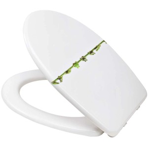 Abattant WC Diaqua Frog blanc en duroplast avec plantes vertes et fermeture amortie.