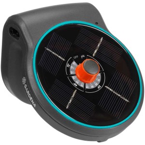 Gardena AquaBloom set irrigazione solare: Unità principale con pannello solare e manopola per impostazioni irrigazione.