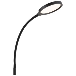 Lampada da terra LED Globo Kalderon, metallo nero opaco, braccio flessibile a collo d'oca, testa rotonda illuminata.