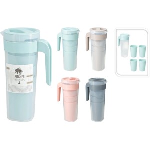 Carafe avec 4 gobelets en polypropylène assortis.