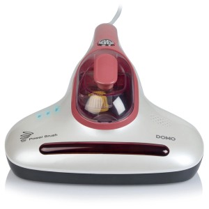Aspirateur à main Domo DO223S blanc et rouge pour lits et canapés avec brosse rotative.