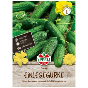 Sachet de graines de cornichon à confire Sperli Conny F1 avec des cornichons et une fleur jaune.