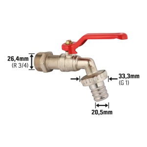 Robinet à tournant sphérique avec raccord de tuyau, 26,4 mm (R 3/4), chrome mat et levier rouge.