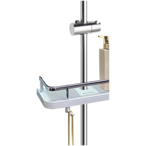 Étagère de douche blanche Easy Clip avec crochets et support de pommeau sur barre de douche.