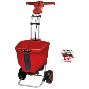 Épandeur à batterie Einhell Power-X-Change GE-SR 18/22 Li (sans batterie) : Rouge, avec roues et poignée réglable.